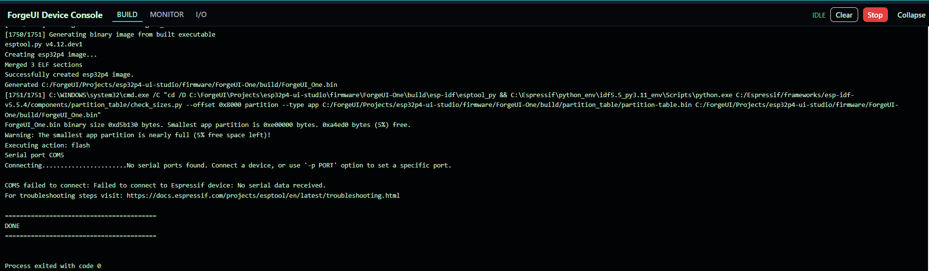 ForgeUI Studio BUILD tab showing ESP-IDF build and flash output